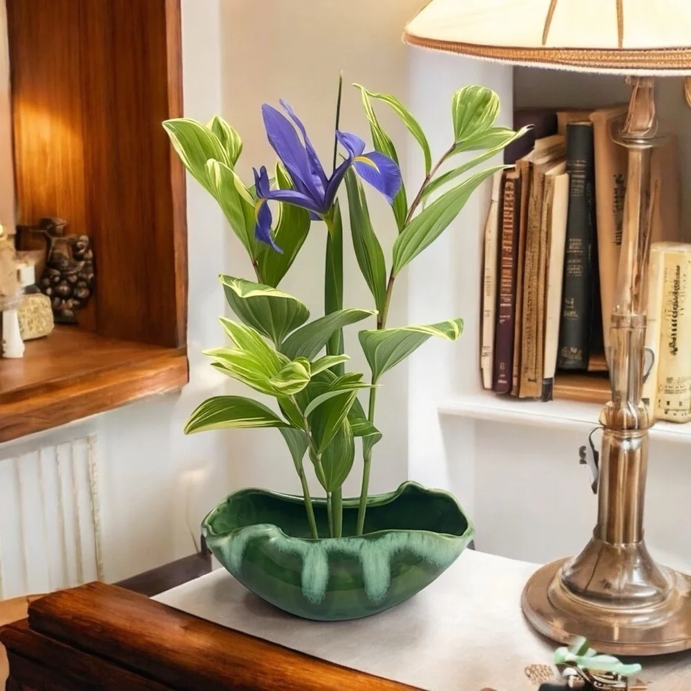 Vintage Green Ceramic Leaf Dish Bowl – Mid-Century Modern Planter Decor Bowl